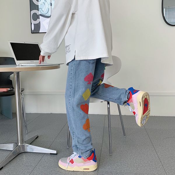 2021 new men's graphic printed embroidery woman korean streetwear straight denim pants male casual oversize jeans n3y1, Blue 
2021 new men's graphic printed embroidery woman korean streetwear straight denim pants male casual oversize jeans n3y1, Blue