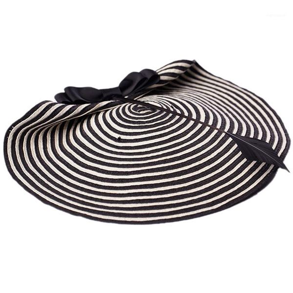 Wedding Hat Female Elegant Black White Feather Stripe Top Hat Beret1, Blue;gray 
Wedding Hat Female Elegant Black White Feather Stripe Top Hat Beret1, Blue;gray