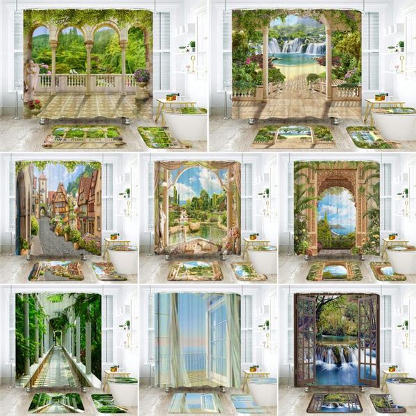 3d waterproof fabric polyester shower curtains set patio landscape flowers style bath decor toilet cover mat non slip rug sets 
3d waterproof fabric polyester shower curtains set patio landscape flowers style bath decor toilet cover mat non slip rug sets