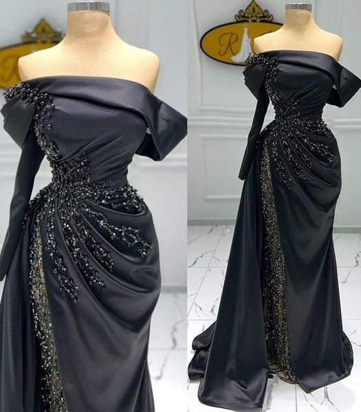Image of 2022 Plus Size Arabic Aso Ebi Black Luxurious Mermaid Prom Dresses Beaded Pearls Evening Formal Party Second Reception Birthday Gowns Dress