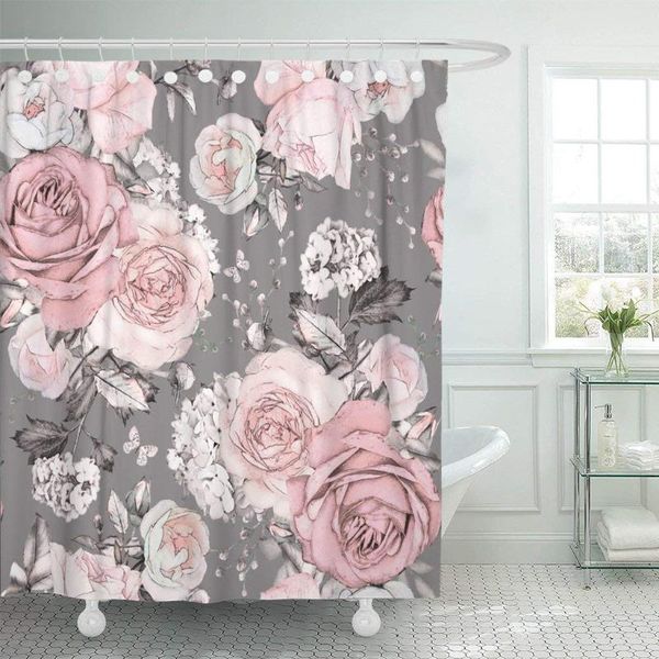 pink flowers and leaves on gray watercolor floral pattern shower curtain waterproof polyester fabric 72 x 72 inches with hooks
pink flowers and leaves on gray watercolor floral pattern shower curtain waterproof polyester fabric 72 x 72 inches with hooks