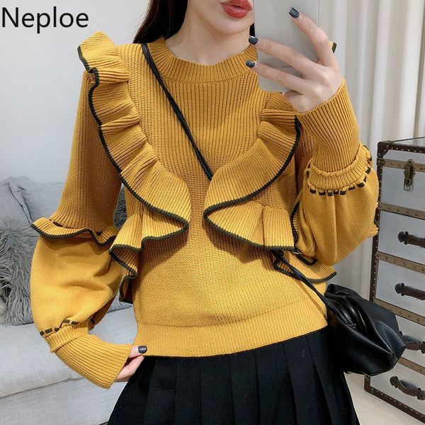 neploe ruffles contrast color patchwork pullovers jumpers o neck lantern sleeve sweater women vintage fashion knitwear lj201127, White;black
neploe ruffles contrast color patchwork pullovers jumpers o neck lantern sleeve sweater women vintage fashion knitwear lj201127, White;black