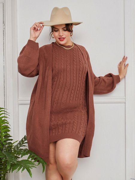 plus drop shoulder open front cardigan & cable knit sweater dress j2ho#, Black
plus drop shoulder open front cardigan & cable knit sweater dress j2ho#, Black