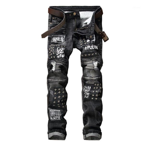 men's jeans fashion men's punk pants rivet embroidery denim trousers patchwork pleated for male letter printed1, Blue
men's jeans fashion men's punk pants rivet embroidery denim trousers patchwork pleated for male letter printed1, Blue