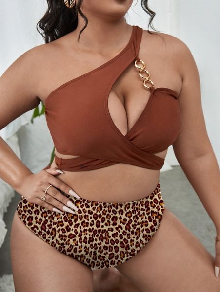 plus leopard ring linked bikini swimsuit 26fu#, Black 
plus leopard ring linked bikini swimsuit 26fu#, Black