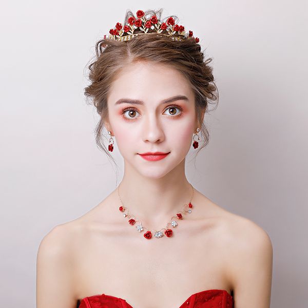 bride's red crown three piece set rose necklace engagement jewelry wedding headdress toast dress hair ornament, Silver
bride's red crown three piece set rose necklace engagement jewelry wedding headdress toast dress hair ornament, Silver
