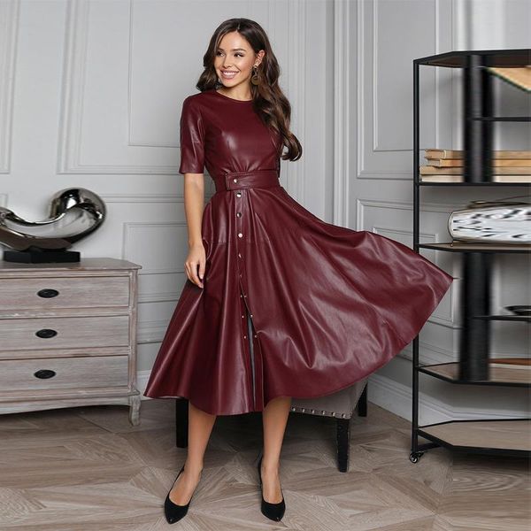 party dresses churses casual o-neck belt pu leather dress autumn half sleeve single-breasted office lady a-line midi for women 2022, White;black 
party dresses churses casual o-neck belt pu leather dress autumn half sleeve single-breasted office lady a-line midi for women 2022, White;black