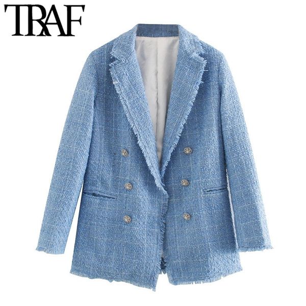 traf women fashion office wear double breasted tweed blazer coat vintage long sleeve frayed female outerwear chic 201023, White;black
traf women fashion office wear double breasted tweed blazer coat vintage long sleeve frayed female outerwear chic 201023, White;black