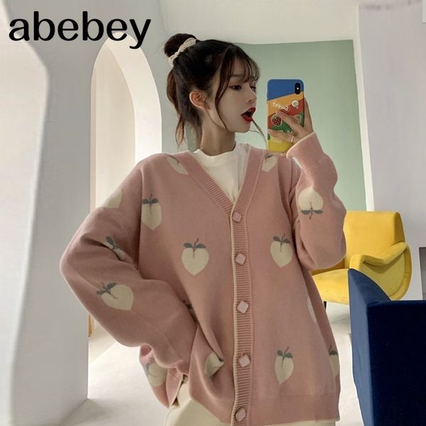sweater cardigan cute pink coat women peach pattern knitted oversized jacket korean autumn long sleeve pull femme 201030, White;black
sweater cardigan cute pink coat women peach pattern knitted oversized jacket korean autumn long sleeve pull femme 201030, White;black