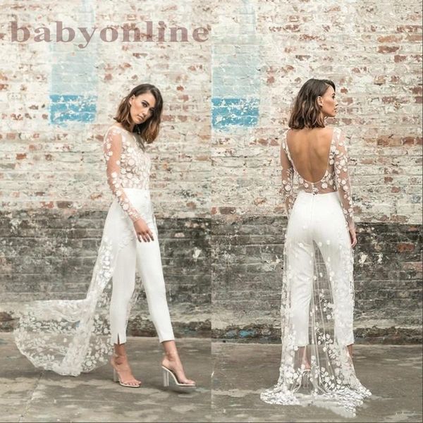 beach jumpsuit wedding dresses jewel neck long sleeve backless ankle length bridal outfit lace summer bride gowns bc2632, White
beach jumpsuit wedding dresses jewel neck long sleeve backless ankle length bridal outfit lace summer bride gowns bc2632, White
