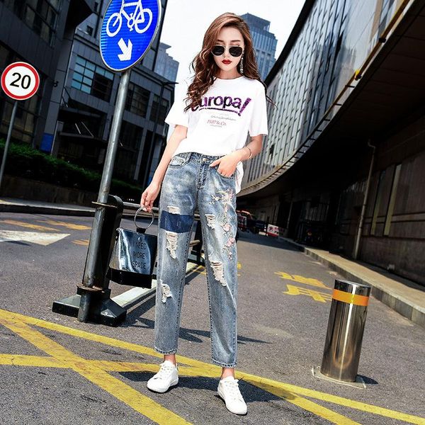 women's jeans plus-size high waist women straight ankle length pants female casual trousers holes quality embroidery, Blue
women's jeans plus-size high waist women straight ankle length pants female casual trousers holes quality embroidery, Blue