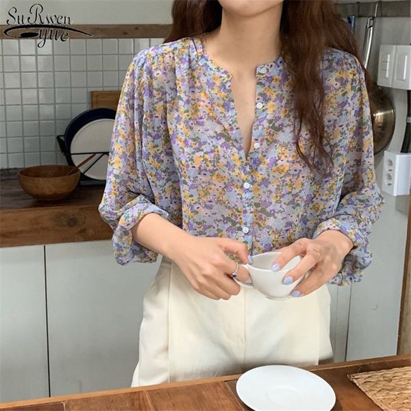 

women's all-match casual printed shirt korean style new retro floral thin chiffon blouses blusas mujer de moda 10114 y200828, White