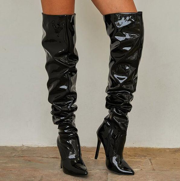thigh high boots fashion patent leather pointed toe zip female stiletto heels pleated design women's shoes, Black
thigh high boots fashion patent leather pointed toe zip female stiletto heels pleated design women's shoes, Black