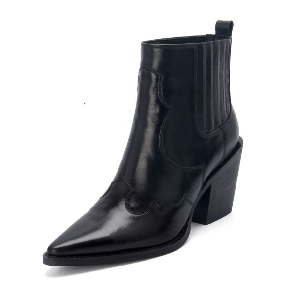 pointed 2021 genuine toe mid-heel heel thick heels slide on western female cowboy boots new ykmw, Black