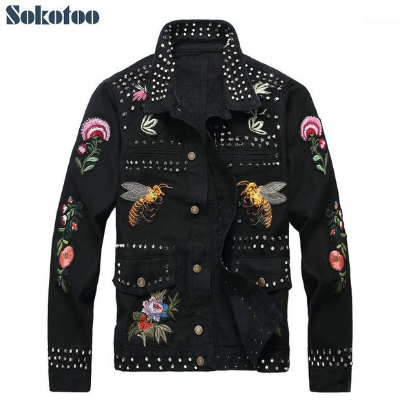 men's jackets sokotoo men's fashion rivet flower bees embroidery black jacket long sleeve slim denim coat embroidered outerwear1, Black;brown
men's jackets sokotoo men's fashion rivet flower bees embroidery black jacket long sleeve slim denim coat embroidered outerwear1, Black;brown