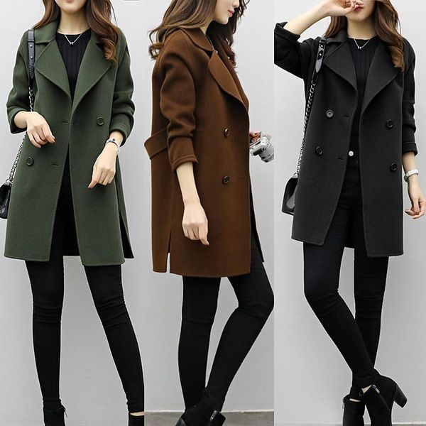 women autumn winter jackets solid color lapel double-breasted woolen midi trench coat loose long sleeve jacket warm keeping, Black
women autumn winter jackets solid color lapel double-breasted woolen midi trench coat loose long sleeve jacket warm keeping, Black