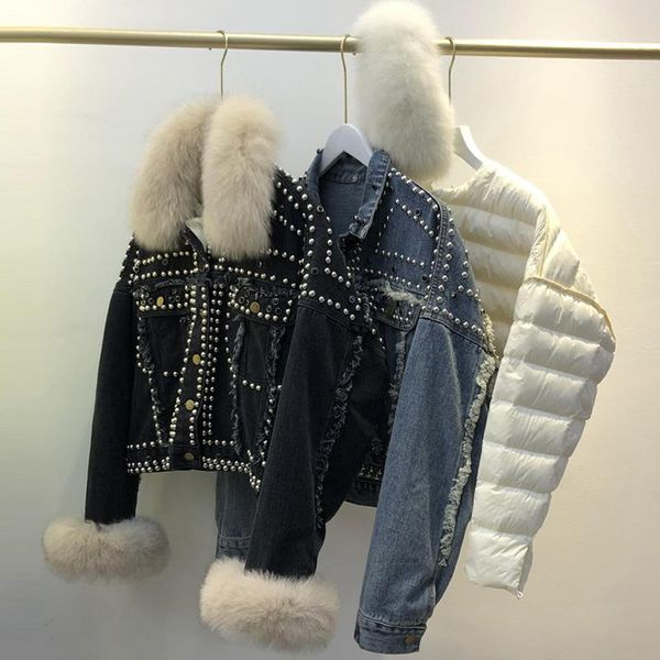 down jacket women winter 90% white duck down coat detachable feather liner natural fur collar female parkas rivet denim coat, Black 
down jacket women winter 90% white duck down coat detachable feather liner natural fur collar female parkas rivet denim coat, Black