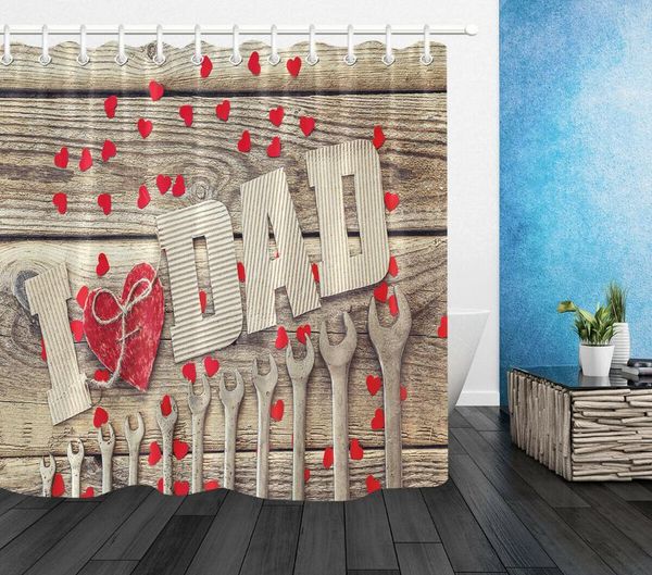 fathers day spanners red hearts wooden boards bathroom fabric shower curtain