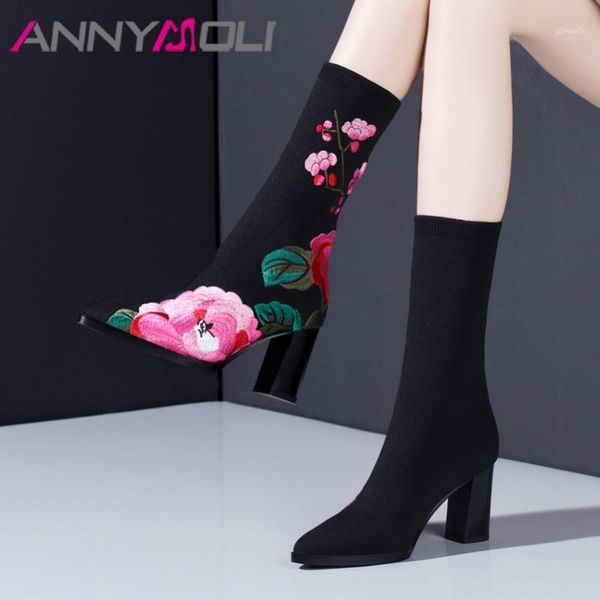 annymoli autumn mid calf boots women boots flower thick high heels sock knitting pointed toe shoes ladies black size 34-411
annymoli autumn mid calf boots women boots flower thick high heels sock knitting pointed toe shoes ladies black size 34-411