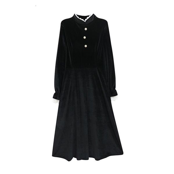 black lace collar solid button puff sleeve long sleeve mid calf midi dress elegant winter autum vintage velvet d1460, Black;gray
black lace collar solid button puff sleeve long sleeve mid calf midi dress elegant winter autum vintage velvet d1460, Black;gray