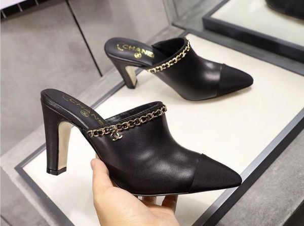 leather designer ladies color matching leather sole heel height 8.5cm ladies lady style chain cool sheepskin pointed toe slippers beach, Black
leather designer ladies color matching leather sole heel height 8.5cm ladies lady style chain cool sheepskin pointed toe slippers beach, Black