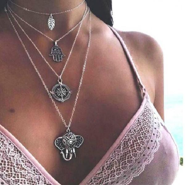 bohemian vintage multi layer chain necklaces hamsa hand leaf moon elephant letter 3d pendant necklace for woman jewelry, Silver
bohemian vintage multi layer chain necklaces hamsa hand leaf moon elephant letter 3d pendant necklace for woman jewelry, Silver