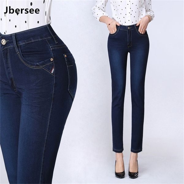 jbersee spring autumn women's straight jeans stretch high waist jeans 9 points jeans woman large size denim pants trousers 201223, Blue