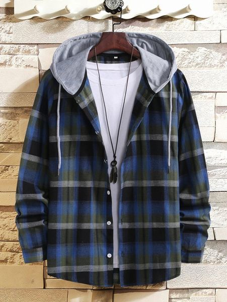 men plaid print button up drawstring hooded shirt without tee o1wd#, White;black
men plaid print button up drawstring hooded shirt without tee o1wd#, White;black