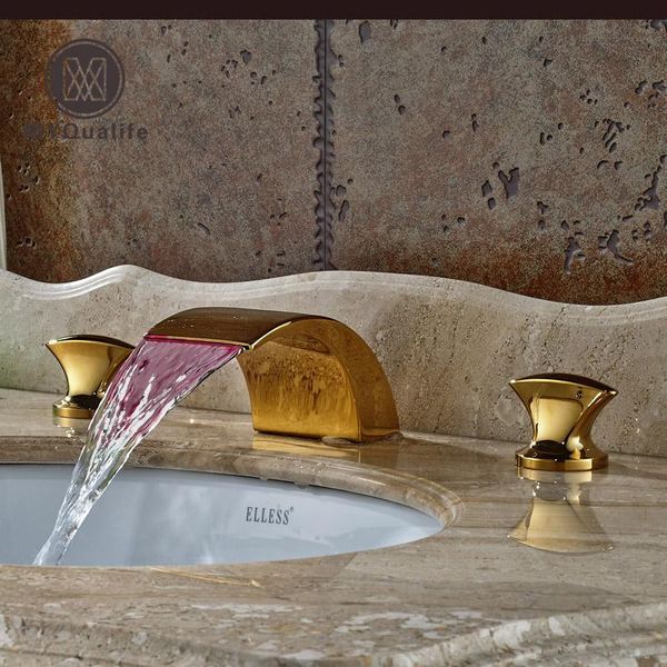luxury led color changing waterfall basin faucet dual handles 3 holes golden brass bathroom mixer tap
luxury led color changing waterfall basin faucet dual handles 3 holes golden brass bathroom mixer tap