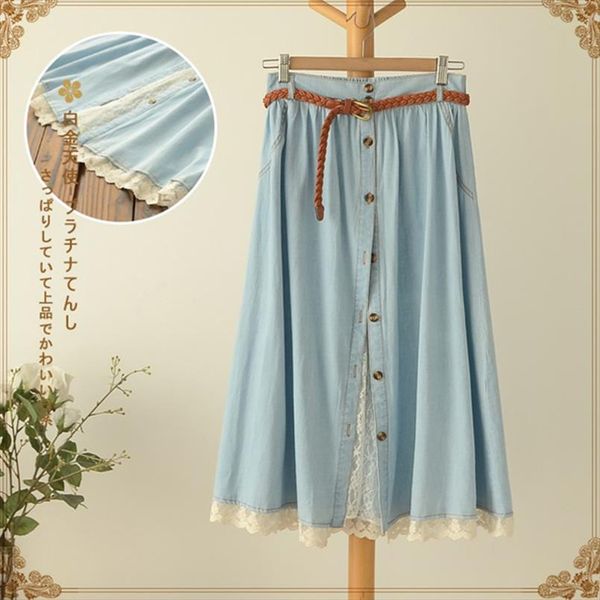 mori girl casual sweet skirt women denim with belt solid blue lace hem female mid calf skirt high waist skirts u157, Black
mori girl casual sweet skirt women denim with belt solid blue lace hem female mid calf skirt high waist skirts u157, Black