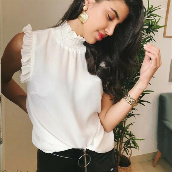office lady chic chiffon sleeveless blouse new women summer ruffled white shirts blouse female work blouses1