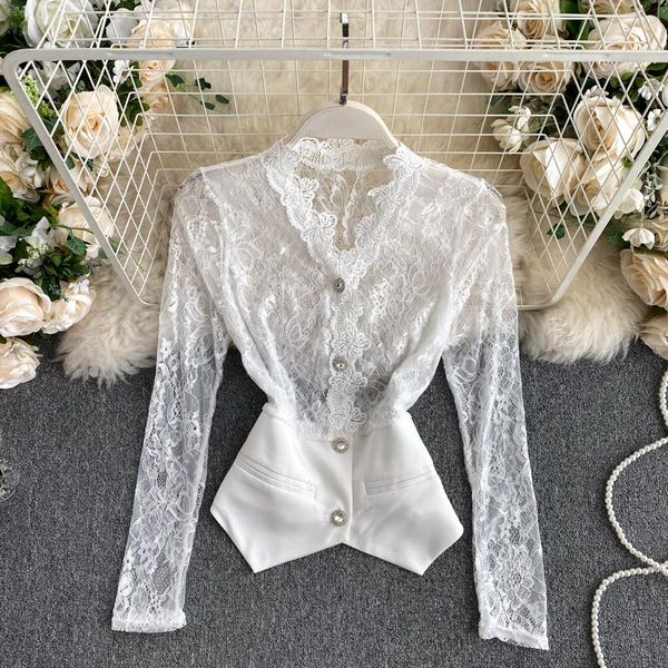 lady new fashion mesh see-through women's v-neck lace three-dimensional embroidery high waist slim shirt blouse p735, White
lady new fashion mesh see-through women's v-neck lace three-dimensional embroidery high waist slim shirt blouse p735, White