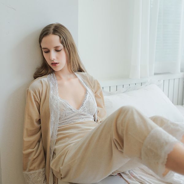 VELOUR Female 3PCS Pajamas Set 2021 Autumn New Intimate Lingerie Kimono Bathrobe Gown Lace Trim Pyjamas Sleepwear Nightwear, Apricot
VELOUR Female 3PCS Pajamas Set 2021 Autumn New Intimate Lingerie Kimono Bathrobe Gown Lace Trim Pyjamas Sleepwear Nightwear, Apricot