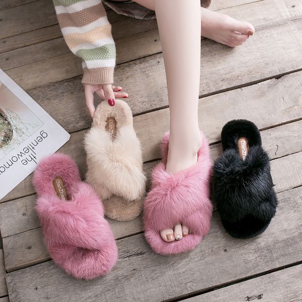 slippers 2019 new style wear korean suede flat shoes women's fashion fur slippers women's flip flops x1020, Black
