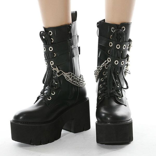 boots trend goth lolita women thick platform chunky heel punk metal chain decoration double buckle round toe gothic ladies shoes, Black
boots trend goth lolita women thick platform chunky heel punk metal chain decoration double buckle round toe gothic ladies shoes, Black