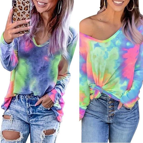 women long sleeve v-neck t-shirt neon colorful tie-dye loose tunic 28gd1, White
women long sleeve v-neck t-shirt neon colorful tie-dye loose tunic 28gd1, White