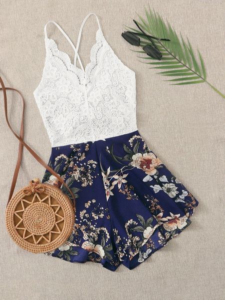 lace panel floral print knot back cami romper r1li#, White 
lace panel floral print knot back cami romper r1li#, White