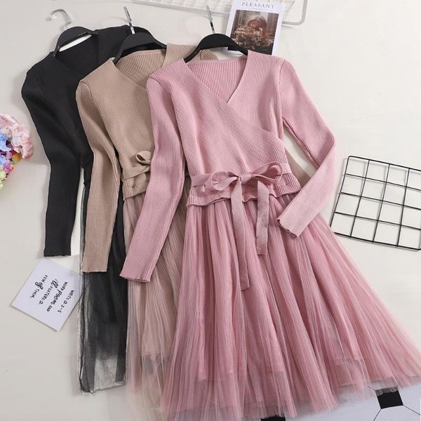women sweater dress autumn winter v neck long sleeve knit patchwork mesh dresses female bow lace up knitted dress vestidos 17321, Black;gray
women sweater dress autumn winter v neck long sleeve knit patchwork mesh dresses female bow lace up knitted dress vestidos 17321, Black;gray