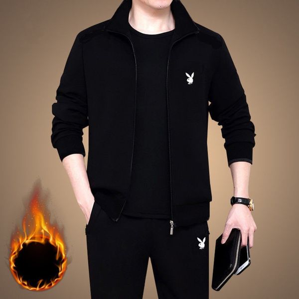thickening winter elderly men's leisure plush slim warm sports suit, Gray