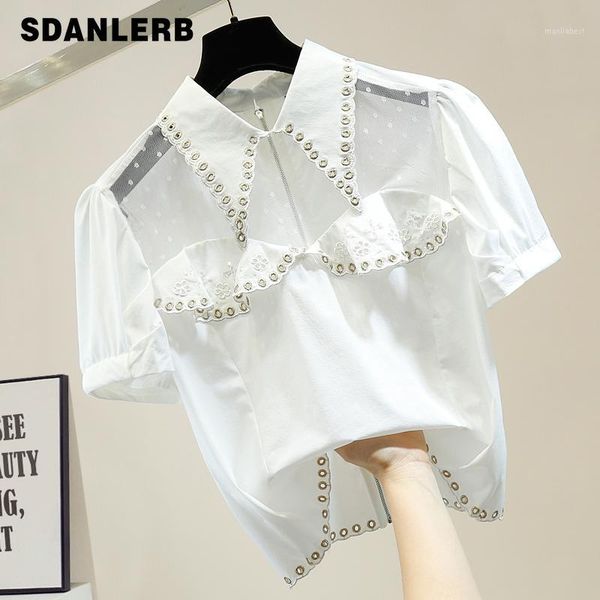 women's summer sequins sweet bubble sleeve behind zipper short mesh splicing hollow embroidered flower shirt blusas1, White
women's summer sequins sweet bubble sleeve behind zipper short mesh splicing hollow embroidered flower shirt blusas1, White