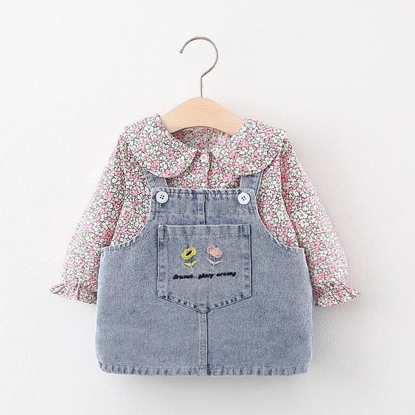baby girls autumn sweet embroidered floral long-sleeve blouse + denim suspender dress 2pcs suit princess suit kids1, White