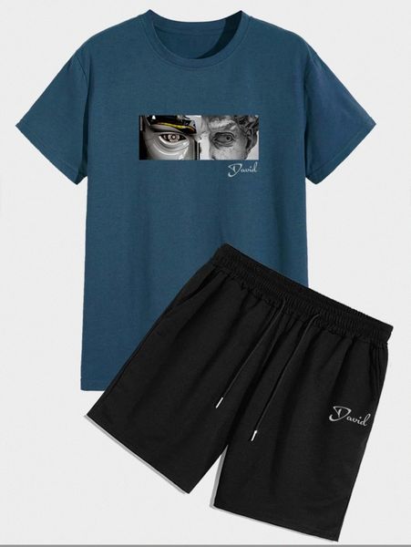 men figure & letter graphic tee with shorts w1v9#, Gray
