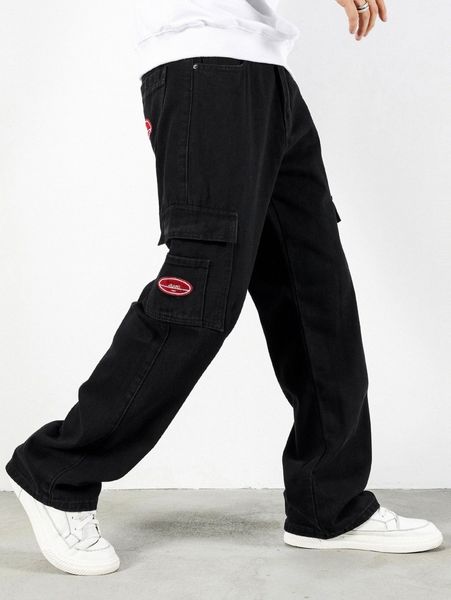 men embroidery flap pockets cargo jeans 31rh#, Blue