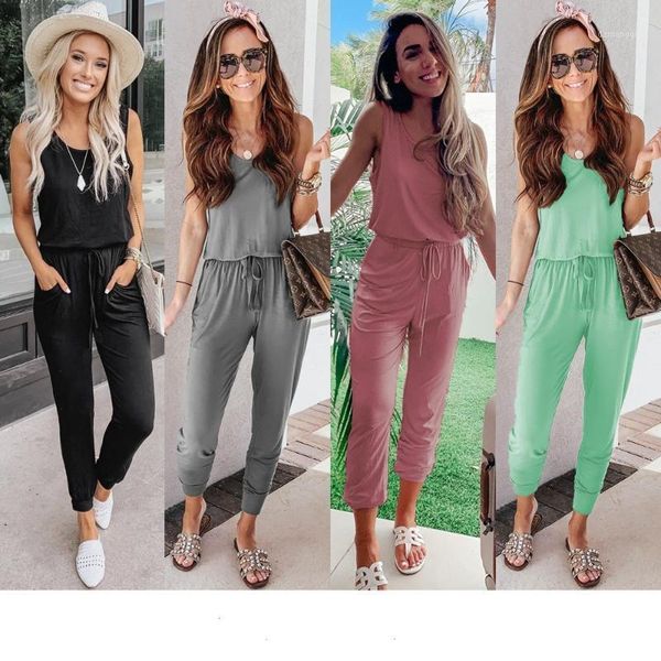2020 spring and summer suspenders halter pocket female jumpsuit1, Black;white