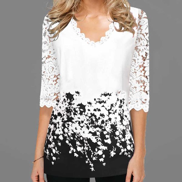 summer t-shirt long floral loose large size women's v-neck lace mid-sleeved printed stitching tee, White
summer t-shirt long floral loose large size women's v-neck lace mid-sleeved printed stitching tee, White