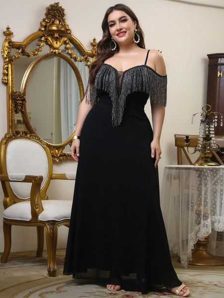 plus fringe trim cold shoulder dress u94j#, Black