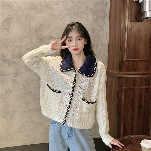 contrast color patchwork small fragrance sweater cardigans women turn down collar long sleeve single breast pull femme coat, White;black
contrast color patchwork small fragrance sweater cardigans women turn down collar long sleeve single breast pull femme coat, White;black
