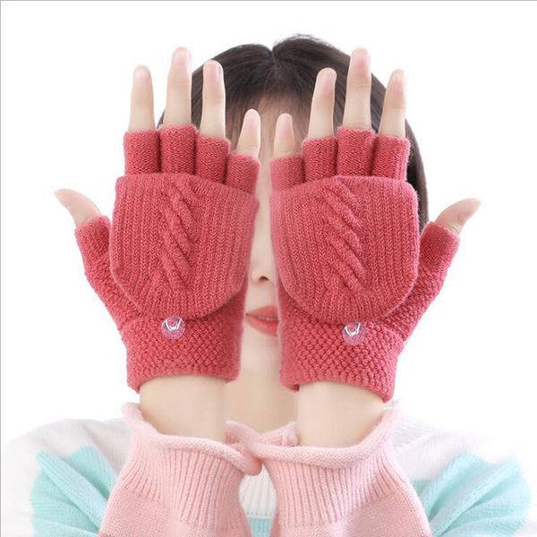 flip cover female soft half finger mittens knitted ladies autumn winter gloves women, Blue;gray