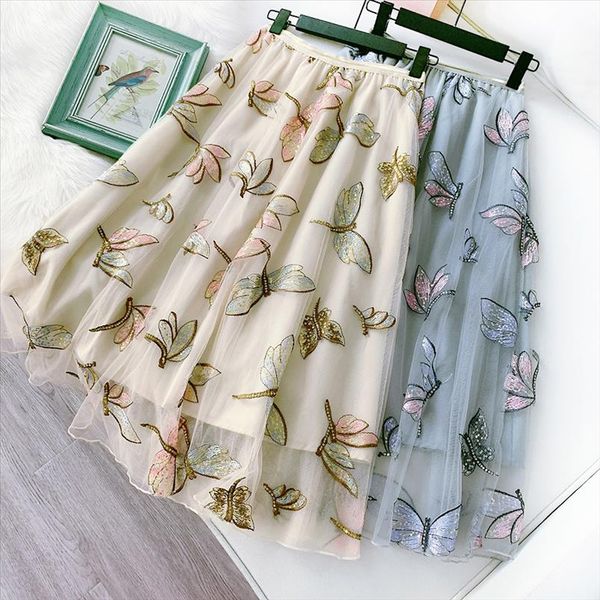 sequines dragonfly embroidered tulle skirts womens 2020 new summer fairy glitter mesh skirts high waist long tutu, Black