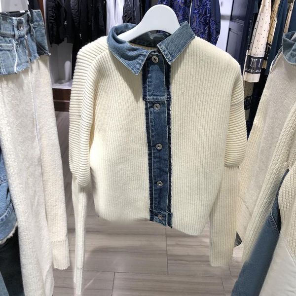 2021 autumn and winter new all-match positive and negative multi-wear denim stitching sweater women, White;black
2021 autumn and winter new all-match positive and negative multi-wear denim stitching sweater women, White;black